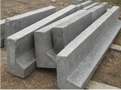 Concrete curb stone units arranged for road edge installation