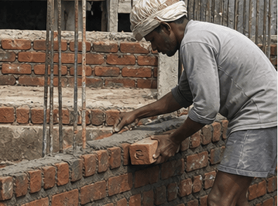 Mason working on brick wall construction at a civil site
