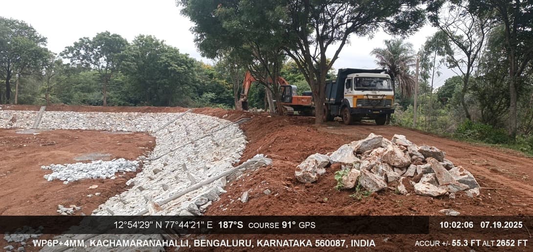 Kachamaranahalli lake development after work with stone pitching and machinery