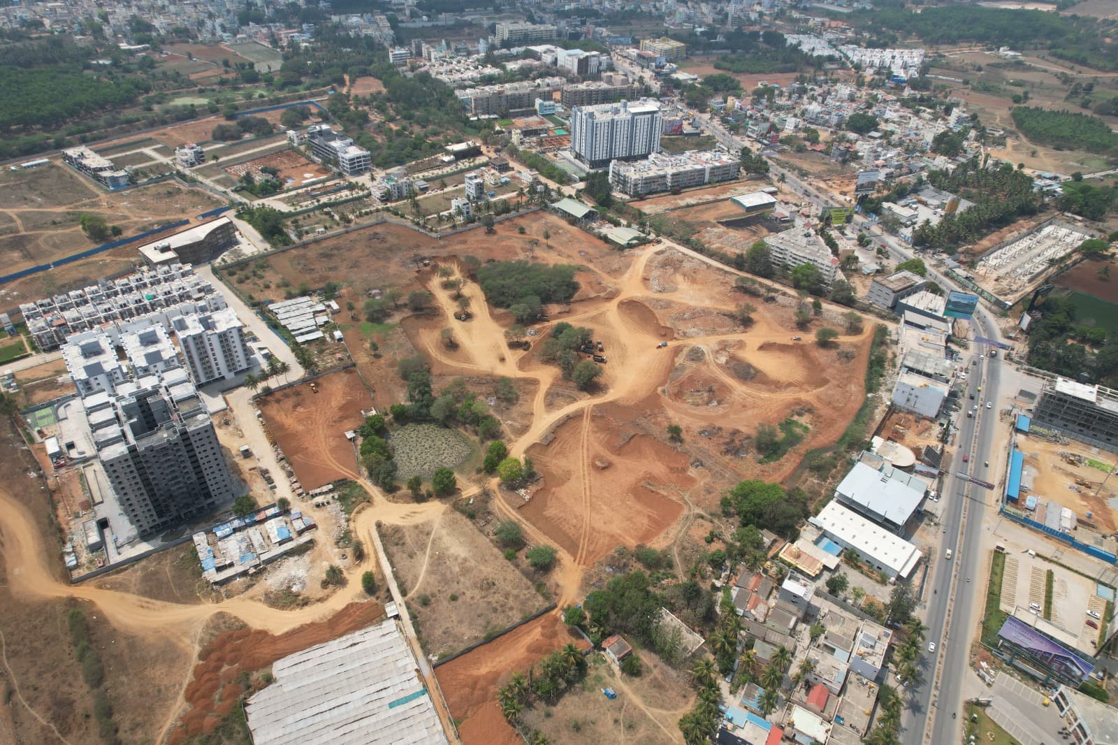 Yamare lake restoration aerial project view showing earthwork and site access